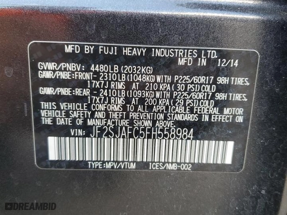 2015 Subaru Forester 2.5i Premium with VIN JF2SJAFC5FH558984, listed as a Copart auction lot 47226485 with 166,774 mi miles and Salvage Title. Bid and sale history available at carsss.com. Image 13.
