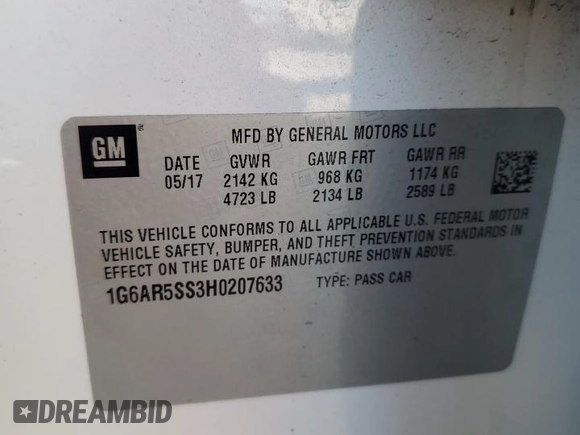 2017 Cadillac CTS Luxury RWD with VIN 1G6AR5SS3H0207633, listed as a Copart auction lot 43589845 with 93,920 mi miles and Salvage Title. Bid and sale history available at DreamBid. Image 12.