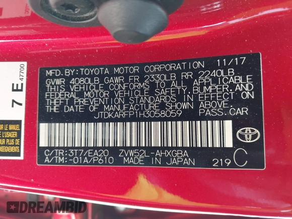 2017 Toyota Prius Plus with VIN JTDKARFP1H3058059, listed as a IAAI auction lot 42174248 with 204,735 mi miles and . Bid and sale history available at DreamBid. Image 9.