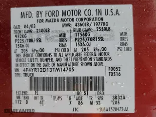 2003 Mazda B-Series 2WD Truck SX with VIN 4F4YR12D13TM14705, listed as a Copart auction lot 44674785 with 79,668 mi miles and Salvage Title. Bid and sale history available at carsss.com. Image 12.