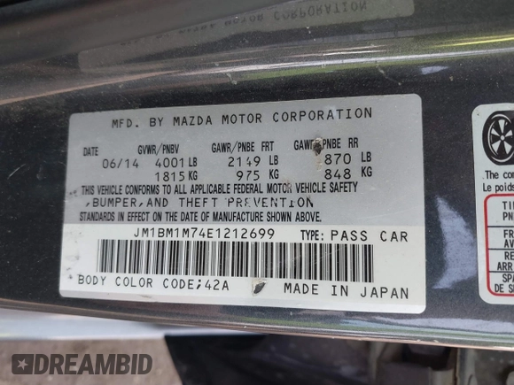 2014 Mazda 3 i Grand Touring with VIN JM1BM1M74E1212699, listed as a IAAI auction lot 41804428 with 195,472 mi miles and . Bid and sale history available at DreamBid. Image 9.