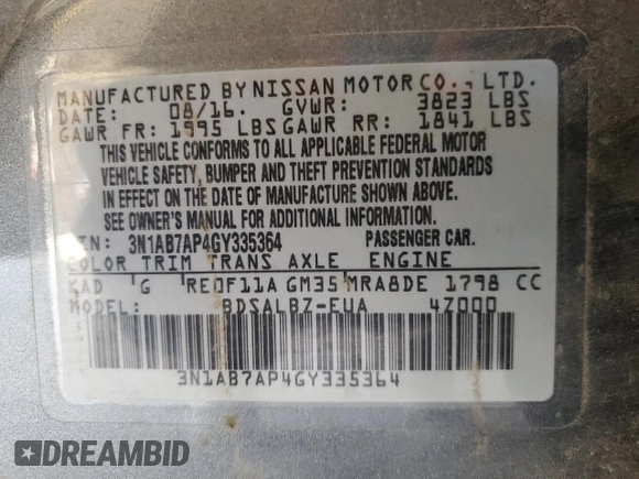 2016 Nissan Sentra SR with VIN 3N1AB7AP4GY335364, listed as a Copart auction lot 49731875 with 178,407 mi miles and Clean Title. Bid and sale history available at DreamBid. Image 12.