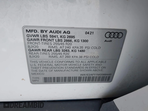 2021 Audi Q5 Premium Plus z VIN WA1E2AFY1M2088449, wystawiony jako IAAI lot #39055032 z przebiegiem 83 555 mil mil oraz . Historia ofert i sprzedaży dostępna na DreamBid. Obrazek 9.