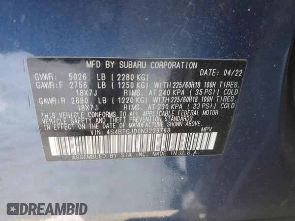 2022 Subaru Outback Onyx XT z VIN 4S4BTGJD0N3239768, wystawiony jako Copart lot #42766445 z przebiegiem 15 847 mil mil oraz Nie do naprawy • Non repairable. Historia ofert i sprzedaży dostępna na DreamBid. Obrazek 14.