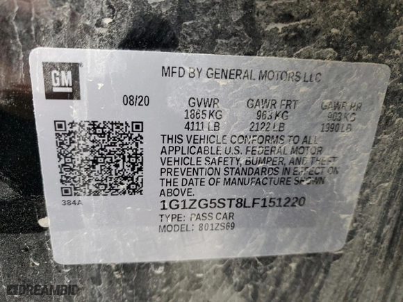 2020 Chevrolet Malibu RS with VIN 1G1ZG5ST8LF151220, listed as a Copart auction lot 49691495 with 90,345 mi miles and Salvage Title. Bid and sale history available at carsss.com. Image 12.