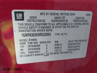2009 Chevrolet Suburban LTZ with VIN 1GNFK36359R220094, listed as a IAAI auction lot 41858436 with 247,913 mi miles. Bid and sale history available at carsss.com. Image 9.