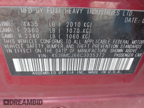 2012 Subaru Legacy Limited with VIN 4S3BMCJ66C3035372, listed as a IAAI auction lot 42145389 with 154,009 mi miles and . Bid and sale history available at DreamBid. Image 9.