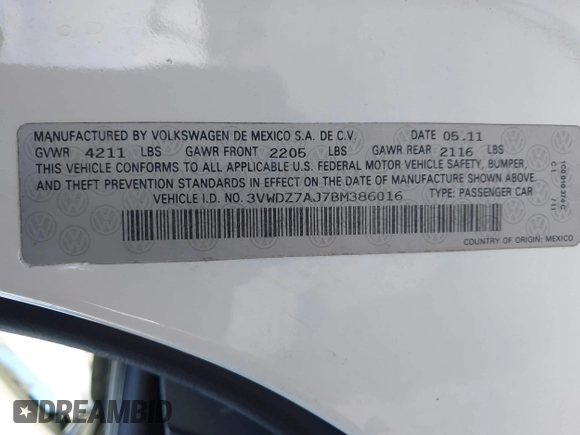 2011 Volkswagen Jetta SE с VIN 3VWDZ7AJ7BM386016, выставлен на аукционе IAAI как лот 42709416 с пробегом 156 890 миль миль и . История ставок и продаж доступна на DreamBid. Изображение 9.