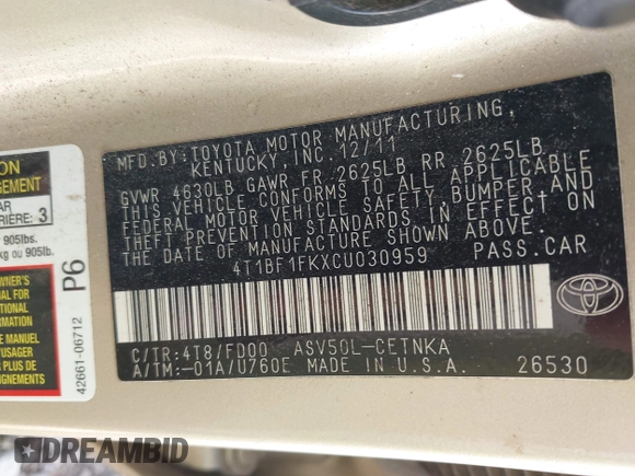 2012 Toyota Camry L with VIN 4T1BF1FKXCU030959, listed as a IAAI auction lot 42022501 with 304,524 mi miles. Bid and sale history available at carsss.com. Image 9.