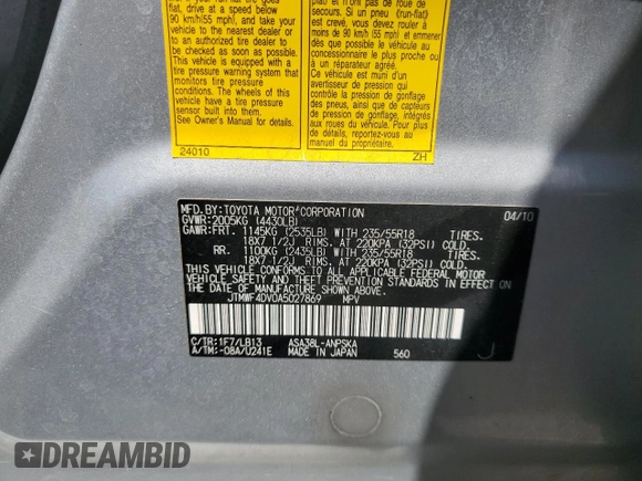 2010 Toyota RAV4 Sport с VIN JTMWF4DV0A5027869, выставлен на аукционе Copart как лот 57826765 с пробегом 196 536 миль миль и Чистый • Clean title. История ставок и продаж доступна на DreamBid. Изображение 12.