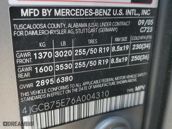 2006 Mercedes-Benz R-Class 5.0L with VIN 4JGCB75E76A004310, listed as a Copart auction lot 72344904 with 160,015 mi miles and Salvage Title. Bid and sale history available at carsss.com. Image 13.