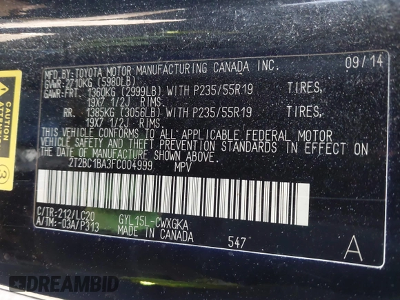2015 Lexus RX 450h with VIN 2T2BC1BA3FC004999, listed as a IAAI auction lot 41339115 with 357,030 mi miles and . Bid and sale history available at DreamBid. Image 9.