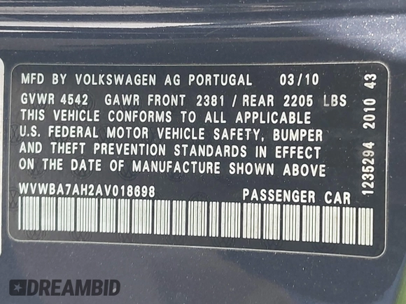 2010 Volkswagen Eos Komfort with VIN WVWBA7AH2AV018698, listed as a IAAI auction lot 42581271 with 91,490 mi miles and . Bid and sale history available at DreamBid. Image 9.