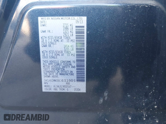 2014 Nissan Pathfinder Platinum with VIN 5N1AR2MN3EC631905, listed as a IAAI auction lot 42621071 with 188,846 mi miles and . Bid and sale history available at DreamBid. Image 9.