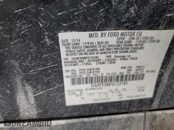 2015 Ford Taurus SE with VIN 1FAHP2D88FG133184, listed as a Copart auction lot 49882555 with 174,431 mi miles and Salvage Title. Bid and sale history available at carsss.com. Image 13.