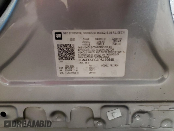 2023 Chevrolet Equinox LT с VIN 3GNAXKEG7PS179648, выставлен на аукционе Copart как лот 57874795 с пробегом 9 214 миль миль и Списание • Salvage title. История ставок и продаж доступна на DreamBid. Изображение 14.