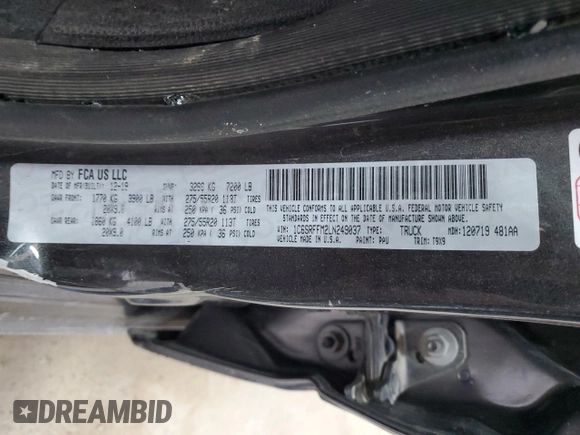 2020 Ram 1500 Big Horn with VIN 1C6SRFFM2LN249037, listed as a Copart auction lot 62484994 with 0 mi miles and Non Repairable. Bid and sale history available at carsss.com. Image 13.