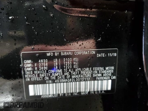 2020 Subaru Legacy Special Sports with VIN 4S3BWAG62L3012113, listed as a Copart auction lot 48514345 with 14,453 mi miles and Salvage Title. Bid and sale history available at carsss.com. Image 13.