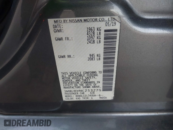 2019 Nissan Altima SL with VIN 1N4BL4EV4KC253275, listed as a IAAI auction lot 42041867 with 70,429 mi miles and . Bid and sale history available at DreamBid. Image 9.