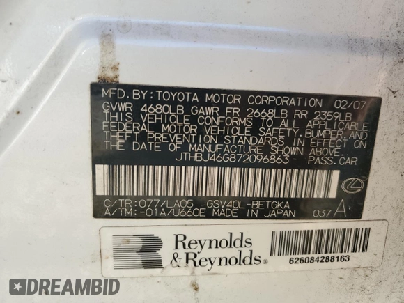 2007 Lexus ES 330 with VIN JTHBJ46G872096863, listed as a Copart auction lot 55840315 with 216,866 mi miles and Clean Title. Bid and sale history available at DreamBid. Image 12.