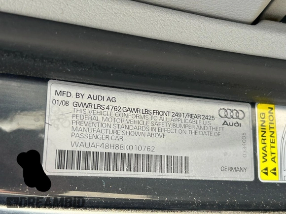 2008 Audi A4 2.0T с VIN WAUAF48H88K010762, выставлен на аукционе Copart как лот 61294655 с пробегом 90 341 миль миль и Чистый • Clean title. История ставок и продаж доступна на DreamBid. Изображение 10.
