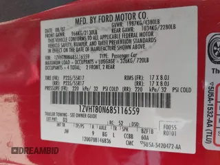 2008 Ford Mustang Deluxe with VIN 1ZVHT80N685116559, listed as a IAAI auction lot 41778691 with 94,514 mi miles and . Bid and sale history available at DreamBid. Image 9.