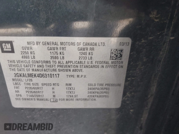 2013 GMC Terrain SLE with VIN 2GKALMEK4D6310117, listed as a IAAI auction lot 41894042 with 203,340 mi miles. Bid and sale history available at carsss.com. Image 9.