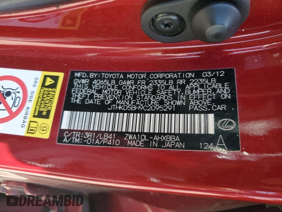 2012 Lexus CT 200h with VIN JTHKD5BH9C2095291, listed as a Copart auction lot 62746025 with 237,020 mi miles and Salvage title. Bid and sale history available at DreamBid. Image 12.