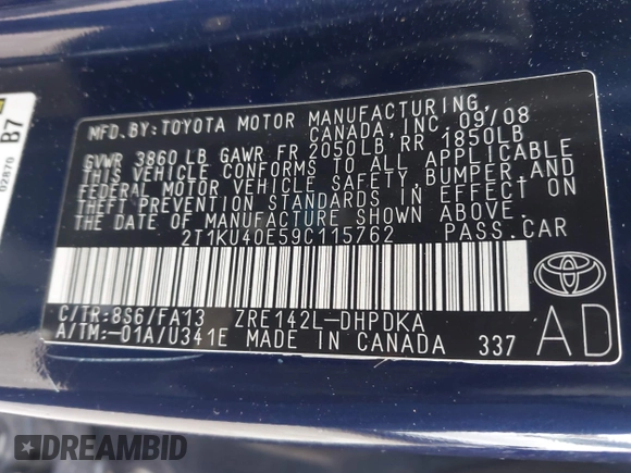 2009 Toyota Matrix with VIN 2T1KU40E59C115762, listed as a IAAI auction lot 42139583 with 184,545 mi miles and . Bid and sale history available at DreamBid. Image 9.