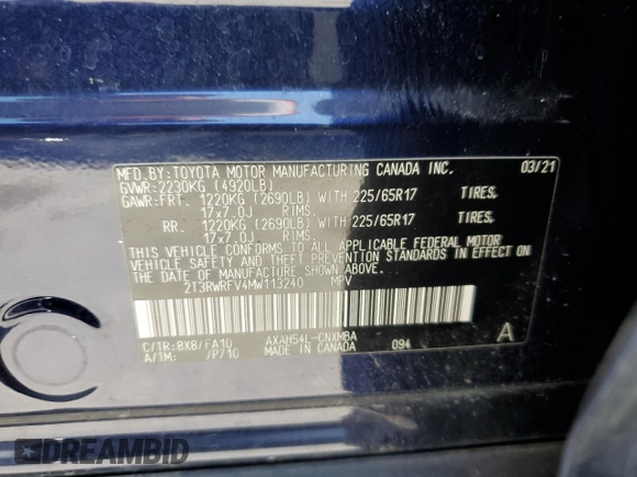 2021 Toyota RAV4 Hybrid XLE with VIN 2T3RWRFV4MW113240, listed as a Copart auction lot 65217455 with 42,715 mi miles and Salvage title. Bid and sale history available at DreamBid. Image 13.
