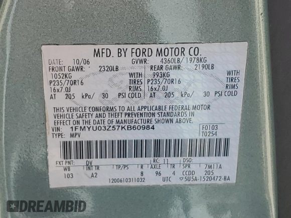 2007 Ford Escape XLT with VIN 1FMYU03Z57KB60984, listed as a Copart auction lot 70270904 with 93,585 mi miles and Clean Title. Bid and sale history available at carsss.com. Image 13.