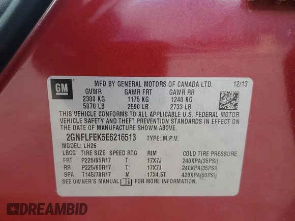 2014 Chevrolet Equinox LT z VIN 2GNFLFEK5E6216513, wystawiony jako Copart lot #58359255 z przebiegiem 95 818 mil mil oraz Szkoda całkowita • Salvage title. Historia ofert i sprzedaży dostępna na DreamBid. Obrazek 13.