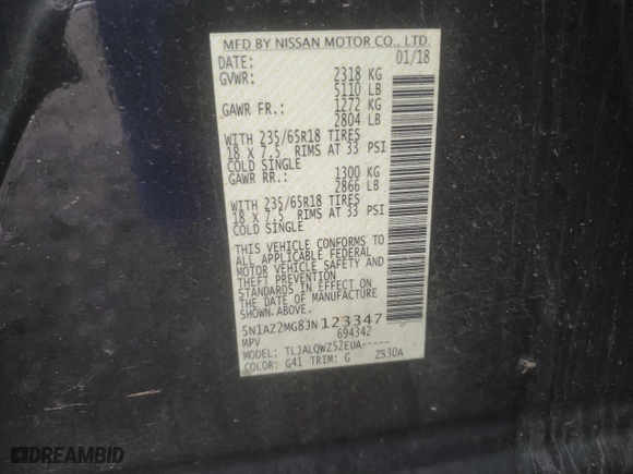 2018 Nissan Murano SV with VIN 5N1AZ2MG8JN123347, listed as a Copart auction lot 43790275 with 122,384 mi miles and Salvage Title. Bid and sale history available at carsss.com. Image 15.