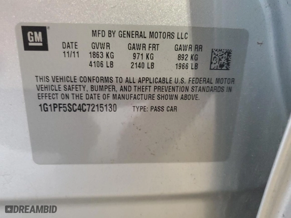 2012 Chevrolet Cruze LT w/1LT with VIN 1G1PF5SC4C7215130, listed as a Copart auction lot 60467484 with 99,287 mi miles and Salvage Title. Bid and sale history available at carsss.com. Image 12.