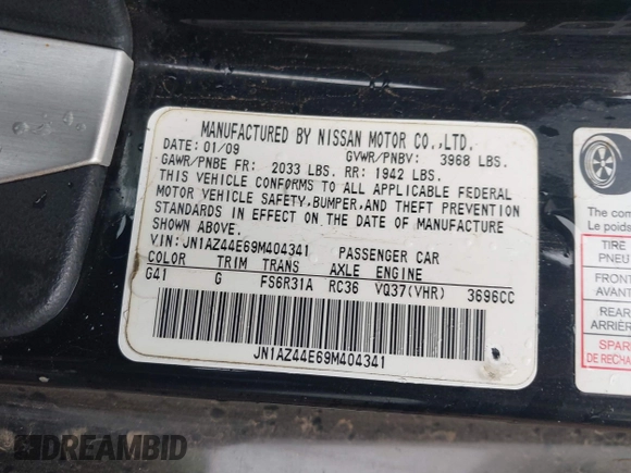 2009 Nissan 370Z Touring with VIN JN1AZ44E69M404341, listed as a IAAI auction lot 41907551 with 144,612 mi miles and . Bid and sale history available at DreamBid. Image 9.