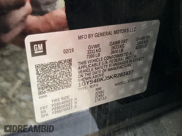 2019 Cadillac Escalade Luxury with VIN 1GYS4BKJ5KR283437, listed as a Copart auction lot 58307535 with Not provided miles and Clean title. Bid and sale history available at DreamBid. Image 13.