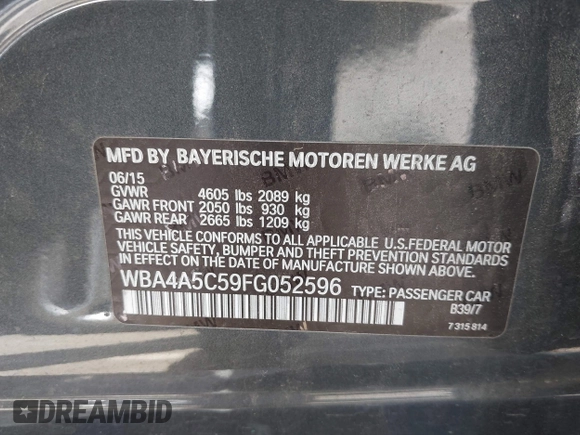 2015 BMW 4 Series 428i with VIN WBA4A5C59FG052596, listed as a IAAI auction lot 42649927 with 68,842 mi miles and . Bid and sale history available at DreamBid. Image 9.