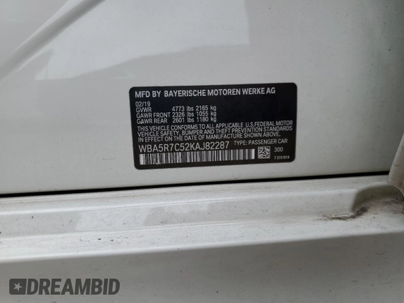 2019 BMW 3 Series 330i xDrive with VIN WBA5R7C52KAJ82287, listed as a Copart auction lot 62350575 with 71,803 mi miles and Salvage title. Bid and sale history available at DreamBid. Image 13.