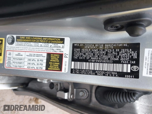 2015 Toyota Camry XLE with VIN 4T1BF1FK5FU925523, listed as a IAAI auction lot 41567775 with 159,086 mi miles. Bid and sale history available at carsss.com. Image 9.