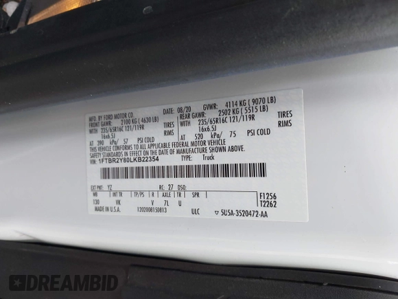 2020 Ford Transit Cargo z VIN 1FTBR2Y80LKB22354, wystawiony jako IAAI lot #42347579 z przebiegiem 64 513 mil mil oraz . Historia ofert i sprzedaży dostępna na DreamBid. Obrazek 9.
