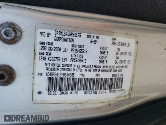 2000 Chrysler Town & Country LXi with VIN 1C4GP54L2YB534385, listed as a Copart auction lot 69637894 with 166,632 mi miles and Salvage Title. Bid and sale history available at carsss.com. Image 13.
