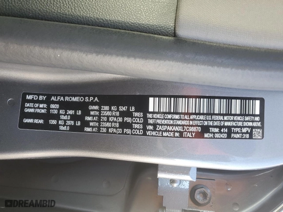 2020 Alfa Romeo Stelvio Sport with VIN ZASPAKANXL7C98870, listed as a Copart auction lot 88543385 with 61,698 mi miles and Salvage Title. Bid and sale history available at carsss.com. Image 14.