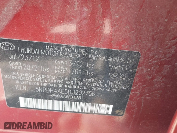 2013 Hyundai Elantra GLS with VIN 5NPDH4AE5DH202756, listed as a IAAI auction lot 42263897 with 160,770 mi miles and . Bid and sale history available at DreamBid. Image 9.
