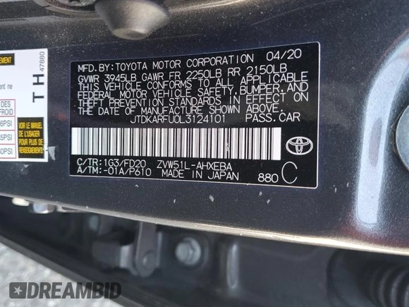 2020 Toyota Prius L Eco z VIN JTDKARFU0L3124101, wystawiony jako Copart lot #54017505 z przebiegiem 94 072 mil mil oraz Szkoda całkowita • Salvage title. Historia ofert i sprzedaży dostępna na DreamBid. Obrazek 12.