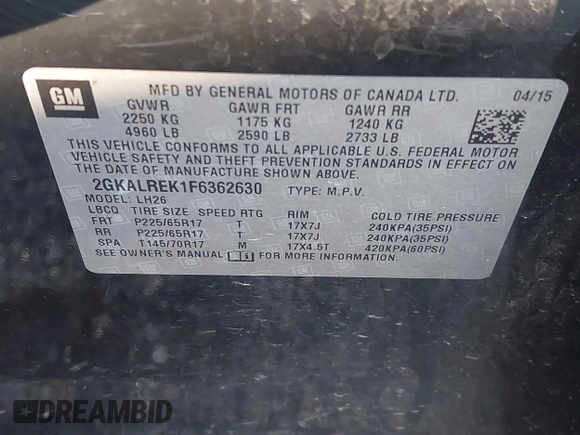 2015 GMC Terrain SLE with VIN 2GKALREK1F6362630, listed as a IAAI auction lot 41497810 with 240,785 mi miles. Bid and sale history available at carsss.com. Image 9.