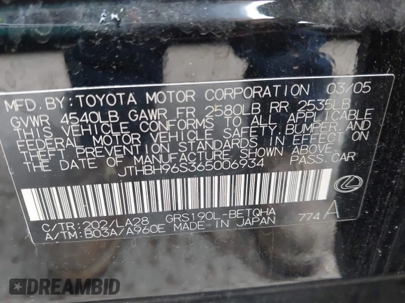 2006 Lexus GS 300 z VIN JTHBH96S365006934, wystawiony jako IAAI lot #42430200 z przebiegiem Nie podano mil oraz . Historia ofert i sprzedaży dostępna na DreamBid. Obrazek 9.