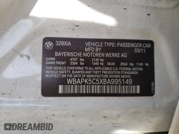 2011 BMW 3 Series 328i xDrive with VIN WBAPK5C5XBA995149, listed as a Copart auction lot 45368695 with 119,325 mi miles and Salvage Title. Bid and sale history available at carsss.com. Image 12.