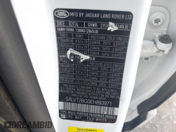 2014 Land Rover Range Rover Evoque Dynamic with VIN SALVT2BG0EH893971, listed as a IAAI auction lot 42445559 with 124,229 mi miles and . Bid and sale history available at DreamBid. Image 9.