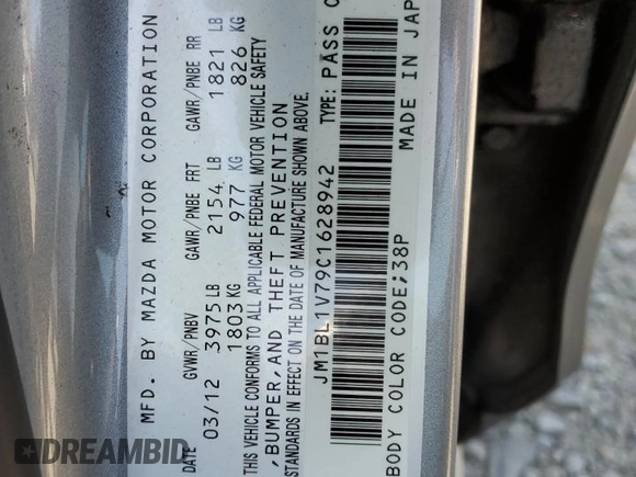 2012 Mazda Mazda3 i Touring with VIN JM1BL1V79C1628942, listed as a Copart auction lot 54449165 with 125,727 mi miles and Salvage Title. Bid and sale history available at carsss.com. Image 12.