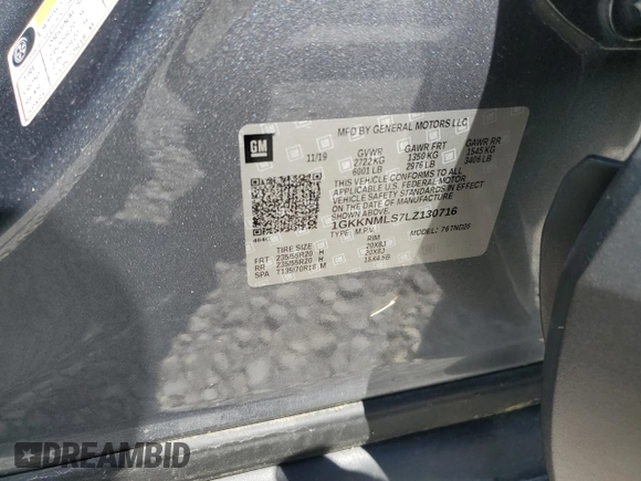 2020 GMC Acadia SLT with VIN 1GKKNMLS7LZ130716, listed as a Copart auction lot 52879875 with Not provided miles and Salvage title. Bid and sale history available at DreamBid. Image 14.